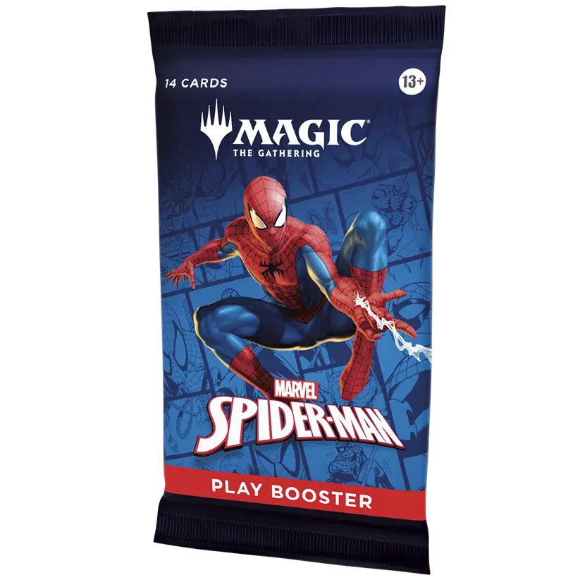 A Magic: The Gathering Marvel Spider-Man play booster pack featuring Spider-Man in red and blue on a dark blue background with the Magic logo and Marvel Spider-Man branding.