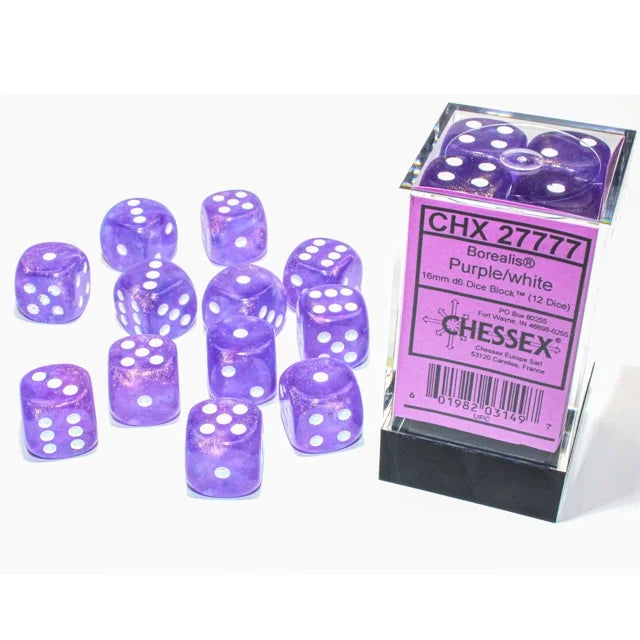 Chessex: Borealis® Purple/white 16mm d6 Dice Block™ (12 dice)