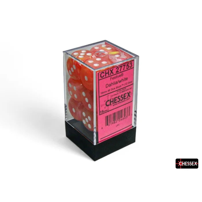 Chessex: Festive® Dahlia/white 16mm d6 Dice Block™ (12 dice)