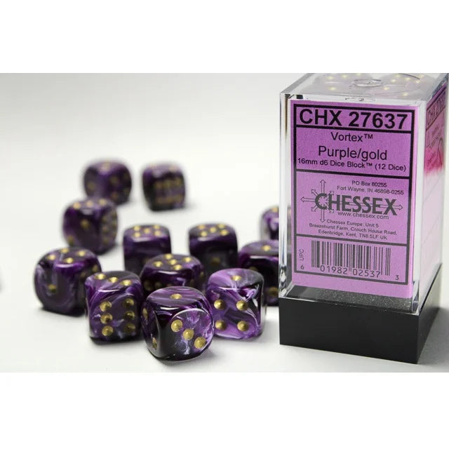Chessex: Vortex® Purple/gold 16mm d6 Dice Block™ (12 dice)