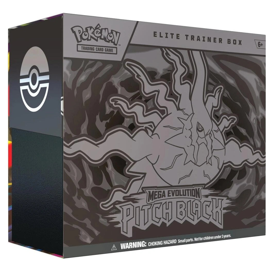 Pokémon Trading Card Game Elite Trainer Box for Mega Evolution Pitch Black, shown in its retail packaging with a dark gray and black design featuring the Pitch Black illustration.