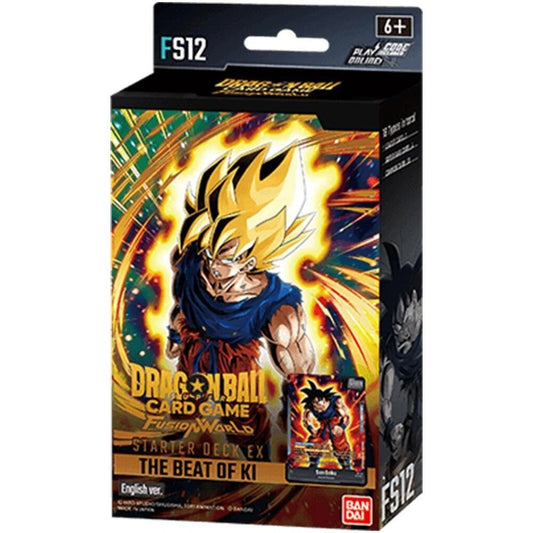 Dragon Ball Card Game Fusion Starter Delux ex The Beat of Ki card game box, featuring Super Saiyan Gohan artwork on the front, with a small card pack preview and a black header card labeled FS12.
