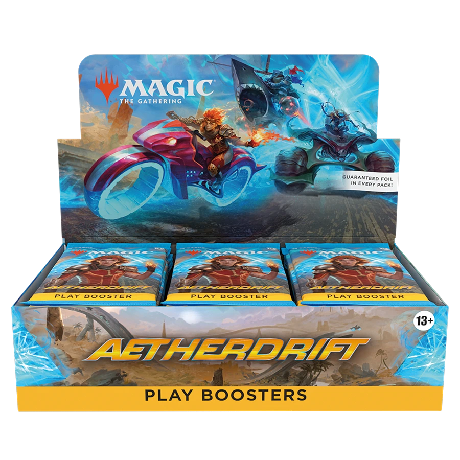 A Magic: The Gathering Aetherdrift Play Boosters display box filled with booster packs, shown on a plain white background.