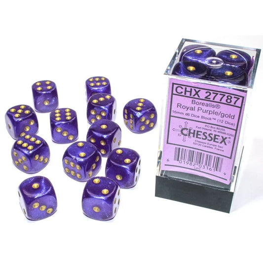 Chessex: Borealis® Royal Purple/gold 16mm d6 Dice Block™ (12 dice)