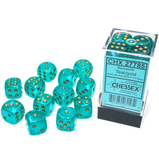 Chessex Borealis® Teal/gold 16mm d6 Dice Block™