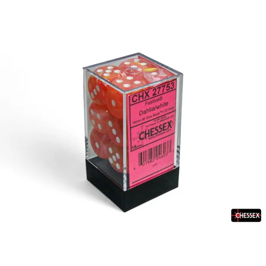 Chessex: Festive® Dahlia/white 16mm d6 Dice Block™ (12 dice)