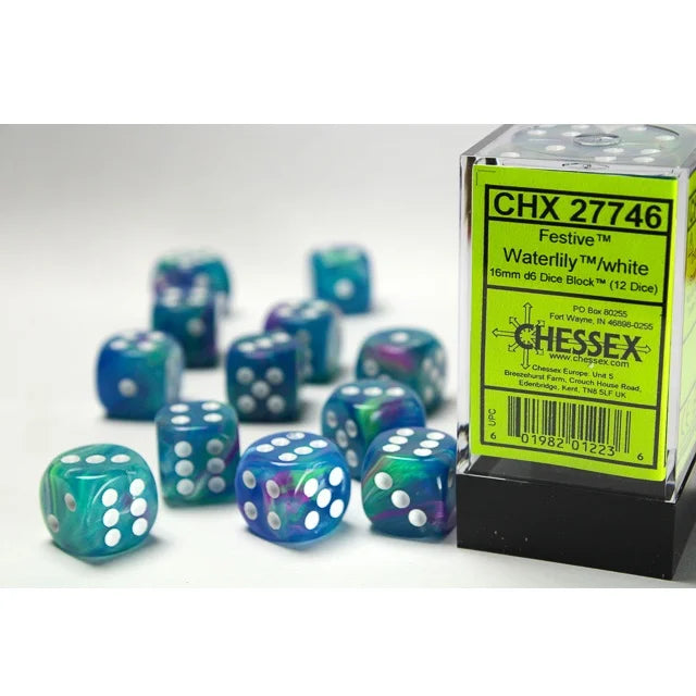 Chessex: Festive® Waterlily™/white 16mm d6 Dice Block™ (12 dice)