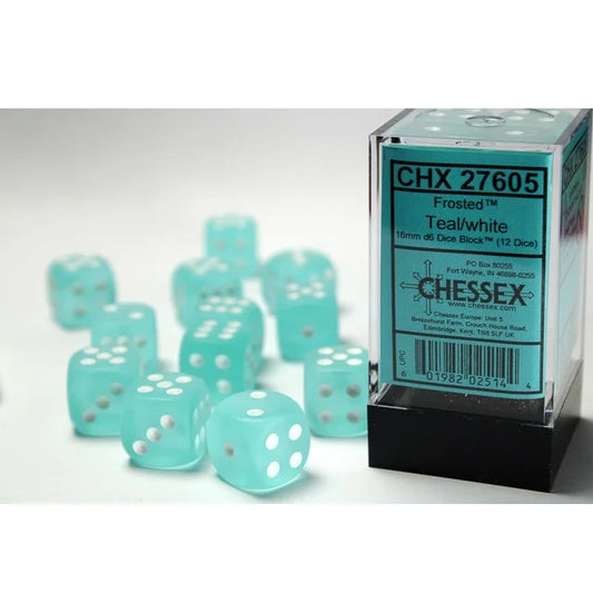 Chessex Frosted® Teal/white 16mm d6 Dice Block™ (12 dice)