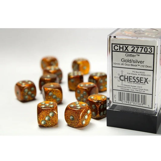 Chessex Glitter Gold/silver 16mm d6 Dice Block™ (12 dice)