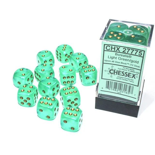 Chessex Borealis® Light Green/gold 16mm d6 Dice Block™ (12 dice)