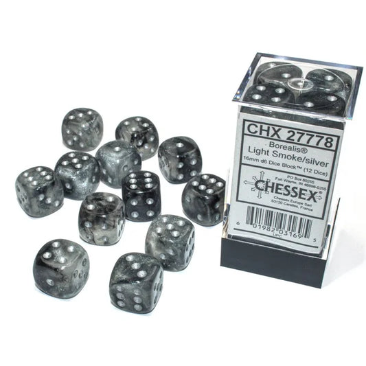 Chessex: Borealis® Light Smoke/silver 16mm d6 Dice Block™ (12 dice)