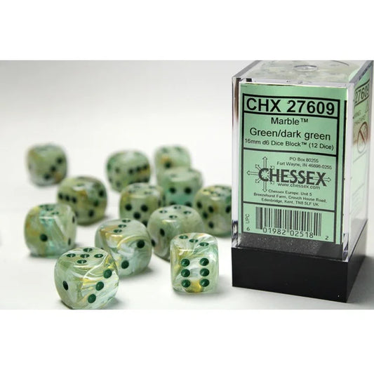 Chessex Marble Green/dark green 16mm d6 Dice Block™ (12 dice)