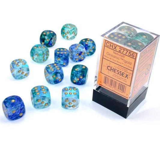 Chessex Nebula® Oceanic™/gold 16mm d6 Dice Block™ (12 dice)