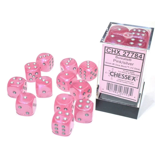 Chessex Borealis® Pink/silver 16mm d6 Dice Block™ (12 dice)
