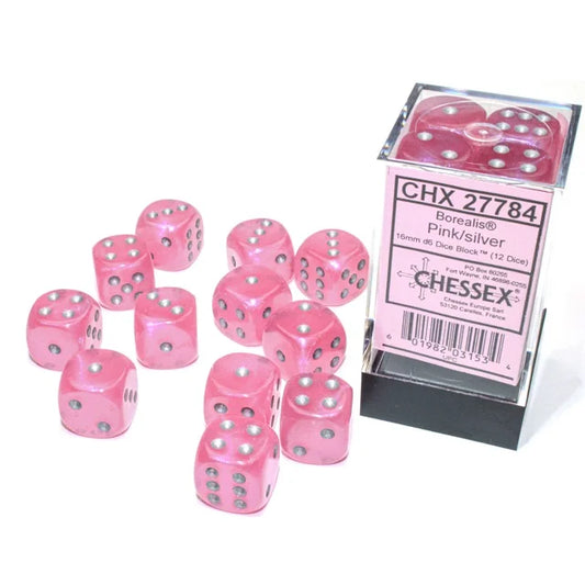 Chessex: Borealis® Pink/silver 16mm d6 Dice Block™ (12 dice)