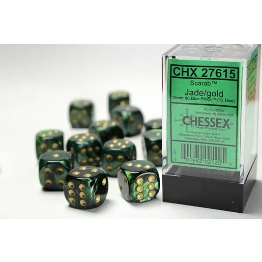 Chessex Scarab® Jade/gold 16mm d6 Dice Block™ (12 dice)