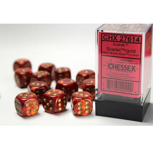 Chessex Scarab® Scarlet™/gold 16mm d6 Dice Block™ (12 dice)