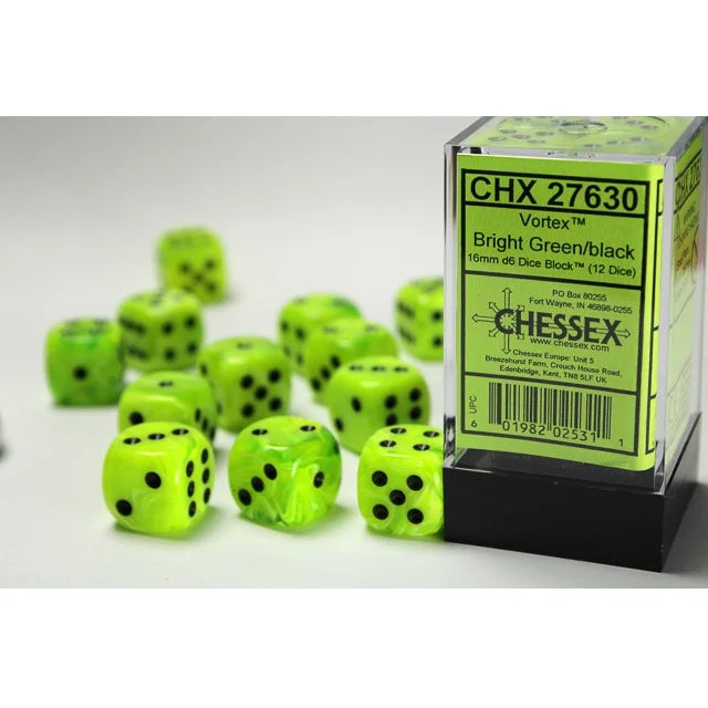 Chessex: Vortex® Bright Green/black 16mm d6 Dice Block™ (12 dice)
