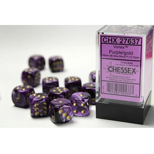 Chessex Vortex® Purple/gold 16mm d6 Dice Block™ (12 dice)