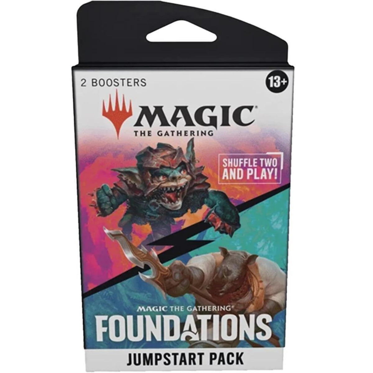 Magic: The Gathering Foundations Jumpstart Pack box, featuring artwork of a green goblin-like creature and a brown creature against a pink, purple, and blue gradient background, with a black top hanger.