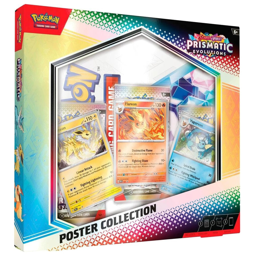 Pokémon Trading Card Game Prismatic Evolutions Poster Collection gift box, featuring a clear window displaying a variety of holographic Pokémon cards including Eevee, Mew, and Eevee's Evolving Skies edition.